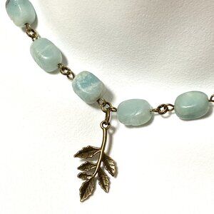 Natural Light Teal Amazonite Necklace, Bronze Leaf Branch + Genuine Gemstone